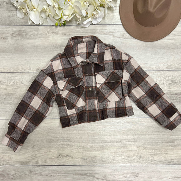 Crop Flannel Shacket(Dark Brown/Ivory)